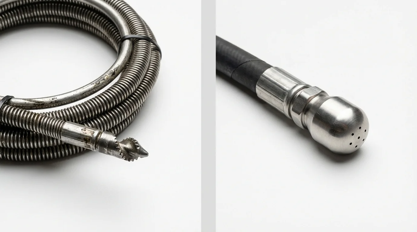 Drain snake cable and hydro jetting nozzle used for drain cleaning in Eddington, ME