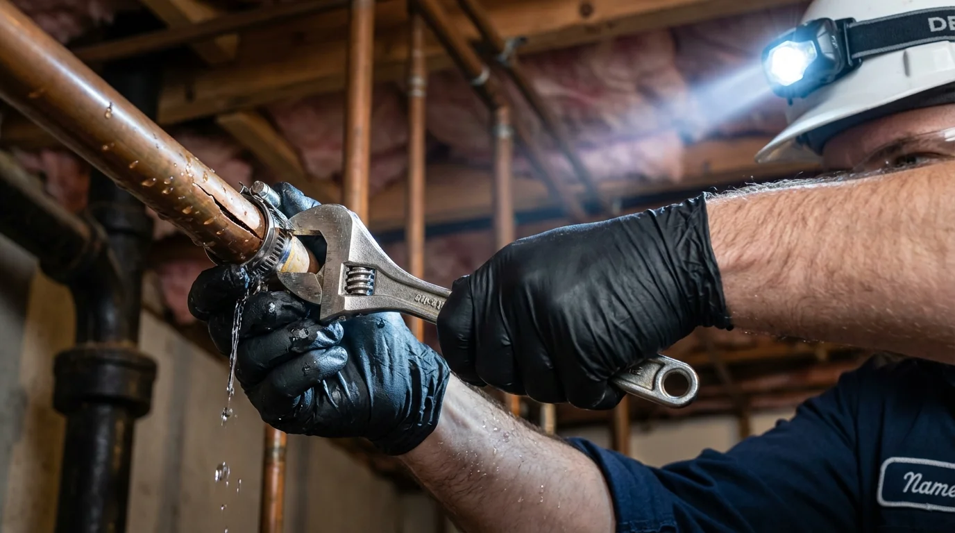 Emergency pipe clamp repair being performed by a Johns Plumbing LLC plumber in Eddington