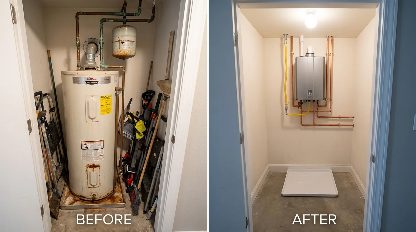 Tank water heater versus wall-mounted tankless unit comparison for Eddington, ME homeowners