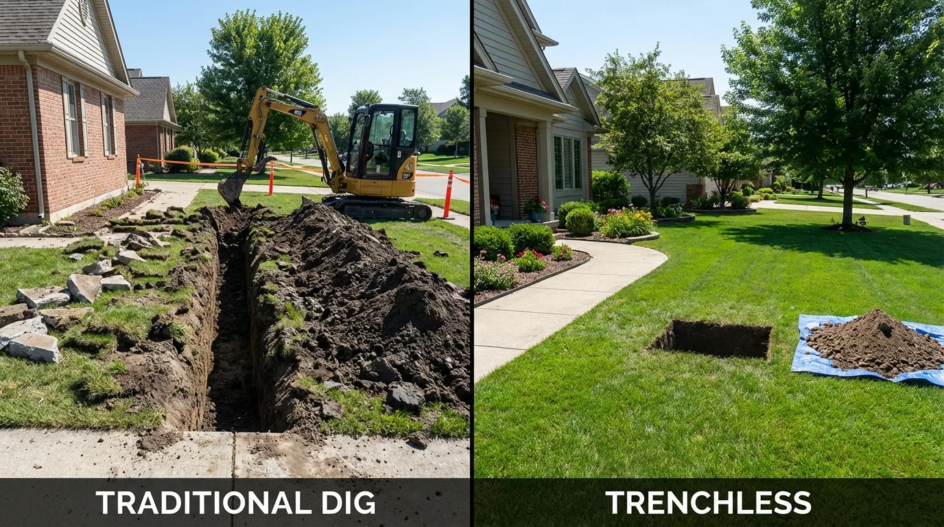 Trenchless sewer repair with minimal yard damage versus traditional excavation in Eddington, ME