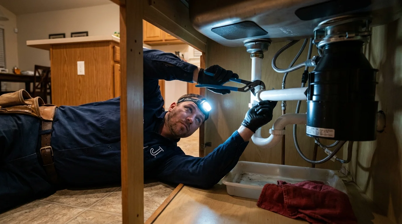 P-trap and supply line connections under a kitchen sink showing a common leak point in Eddington, ME